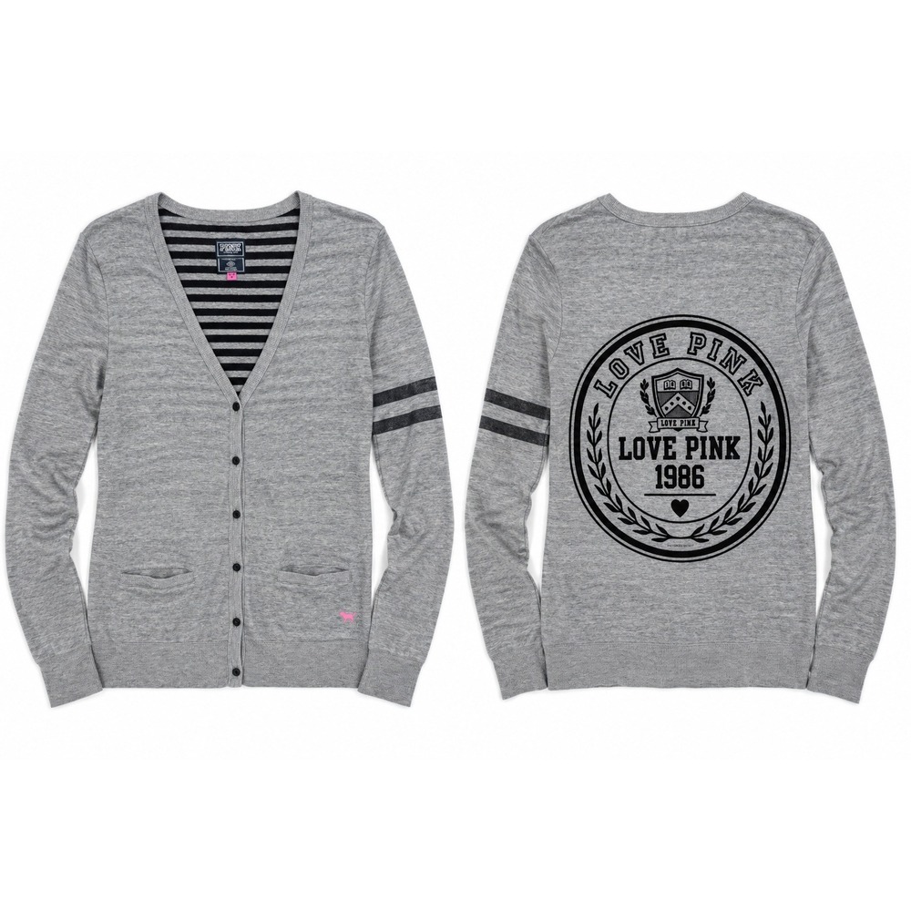PINK Victorias Secret Cardigan XS Gray Varsity Graphic Y2K 2010s Indie Lounge